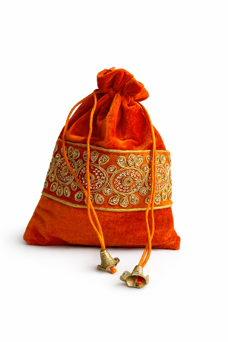 Handcrafted Velvet Drawstring Potli Bag with Embroidered Border | Wedding Return Gift & Jewelry Pouch
