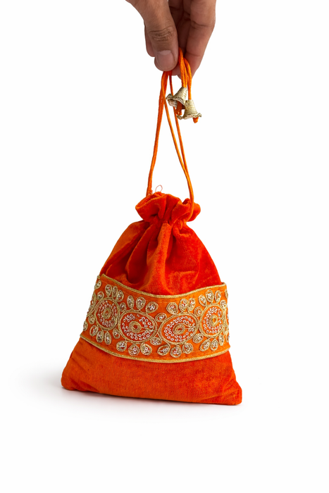 Handcrafted Velvet Drawstring Potli Bag with Embroidered Border | Wedding Return Gift & Jewelry Pouch