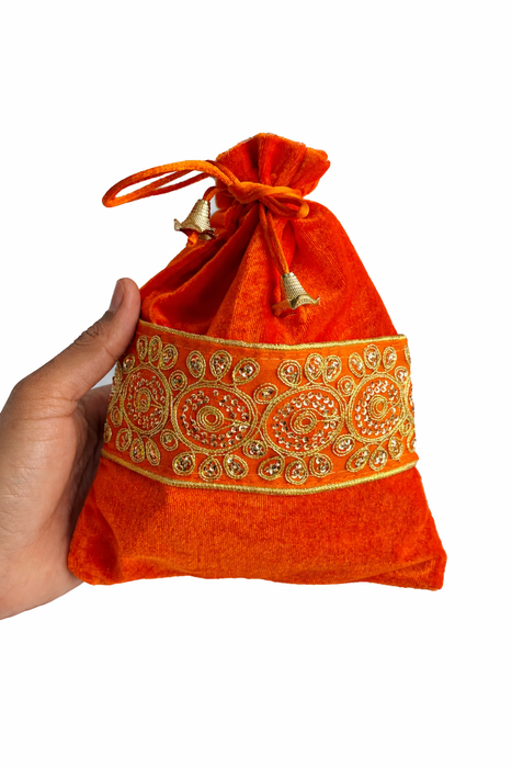 Handcrafted Velvet Drawstring Potli Bag with Embroidered Border | Wedding Return Gift & Jewelry Pouch