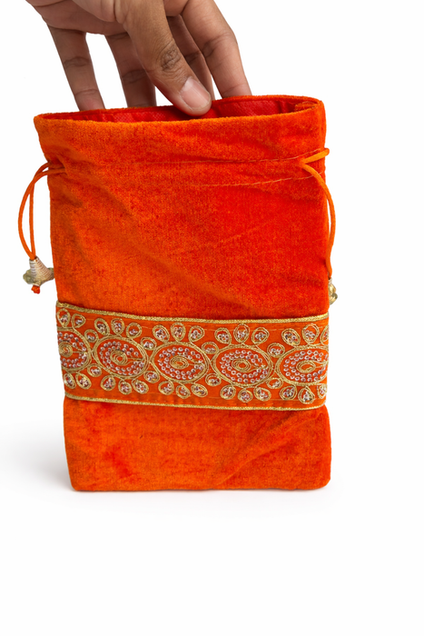 Handcrafted Velvet Drawstring Potli Bag with Embroidered Border | Wedding Return Gift & Jewelry Pouch