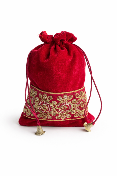 Handcrafted Velvet Drawstring Potli Bag with Embroidered Border | Wedding Return Gift & Jewelry Pouch