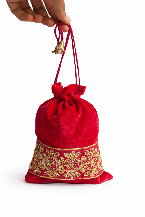 Handcrafted Velvet Drawstring Potli Bag with Embroidered Border | Wedding Return Gift & Jewelry Pouch