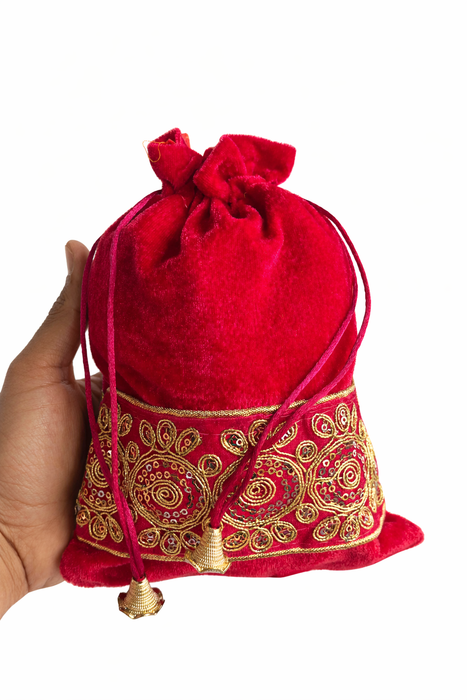 Handcrafted Velvet Drawstring Potli Bag with Embroidered Border | Wedding Return Gift & Jewelry Pouch