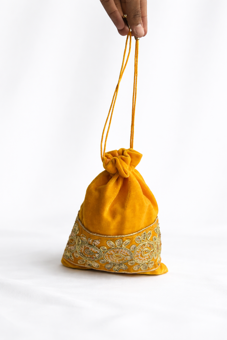 Handcrafted Velvet Drawstring Potli Bag with Embroidered Border | Wedding Return Gift & Jewelry Pouch