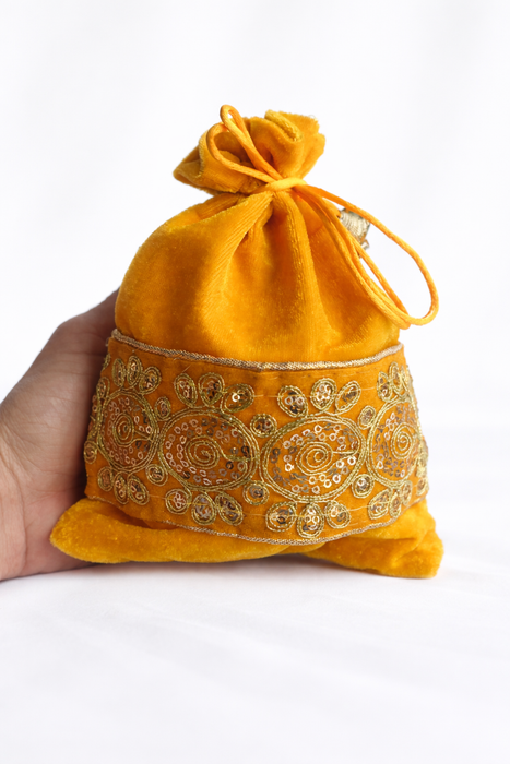 Handcrafted Velvet Drawstring Potli Bag with Embroidered Border | Wedding Return Gift & Jewelry Pouch