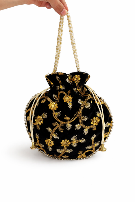 Handcrafted Embroidered Velvet Potli Bag for Women | Designer Wedding & Festive Ethnic Purse