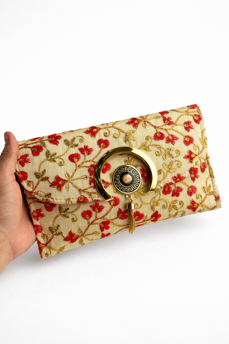 Handcrafted Floral Embroidered Envelope Clutch with Chain Strap | Designer Ethnic Sling Bag for Women