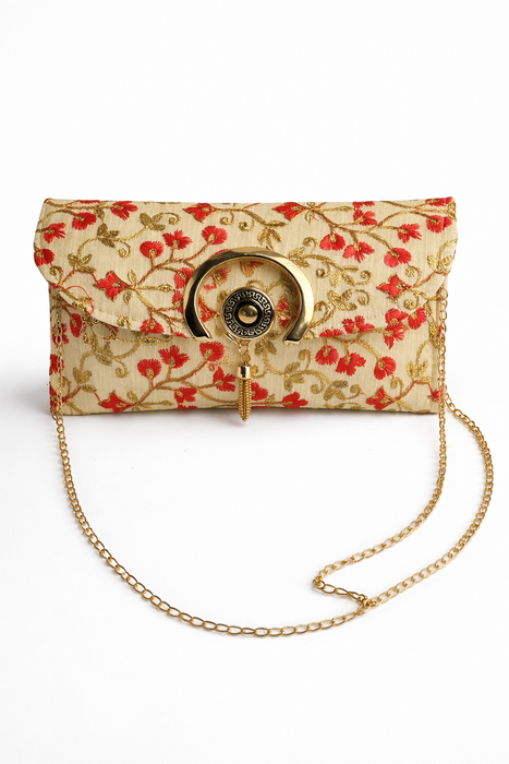 Handcrafted Floral Embroidered Envelope Clutch with Chain Strap | Designer Ethnic Sling Bag for Women