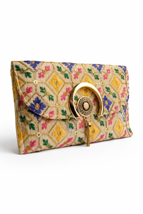 Handcrafted Floral Embroidered Envelope Clutch with Chain Strap | Designer Ethnic Sling Bag for Women