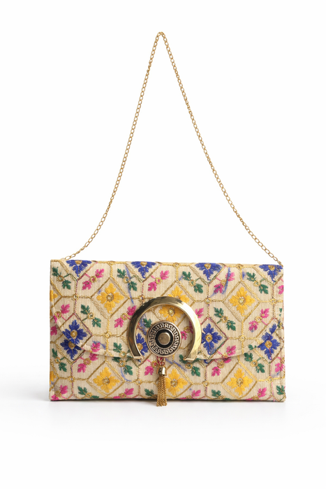 Handcrafted Floral Embroidered Envelope Clutch with Chain Strap | Designer Ethnic Sling Bag for Women