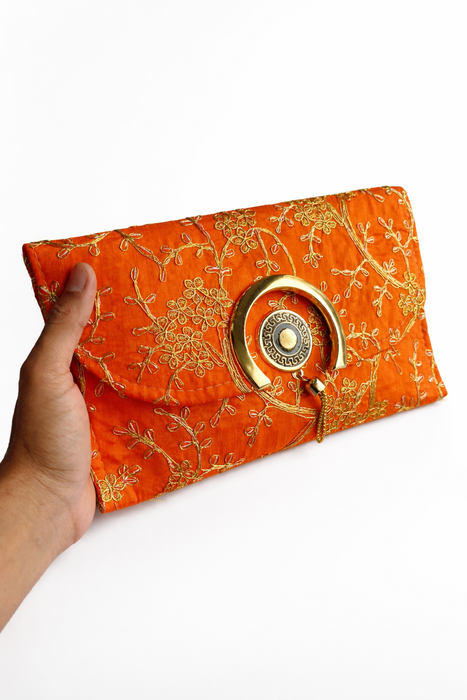 Handcrafted Floral Embroidered Envelope Clutch with Chain Strap | Designer Ethnic Sling Bag for Women