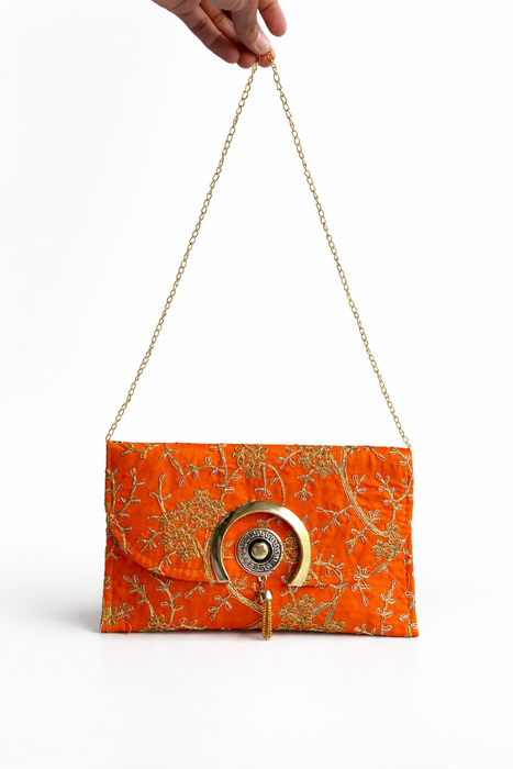 Handcrafted Floral Embroidered Envelope Clutch with Chain Strap | Designer Ethnic Sling Bag for Women