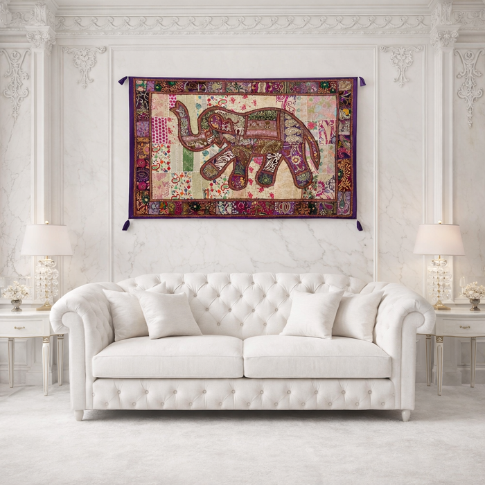 Large Handmade Elephant Wall Tapestry – Indian Patchwork Art