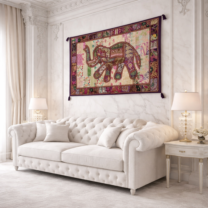 Large Handmade Elephant Wall Tapestry – Indian Patchwork Art