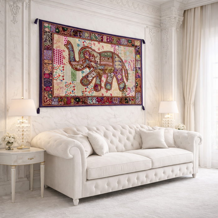 Large Handmade Elephant Wall Tapestry – Indian Patchwork Art