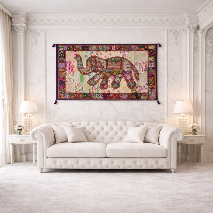 Large Handmade Elephant Wall Tapestry – Indian Patchwork Art