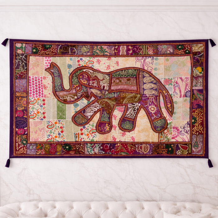 Large Handmade Elephant Wall Tapestry – Indian Patchwork Art
