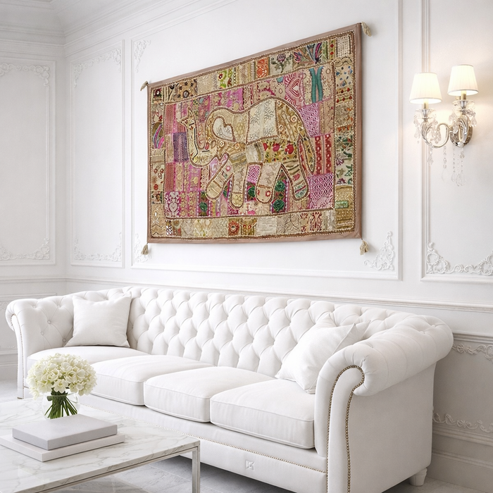 Handmade Boho Elephant Tapestry – Recycled Cotton Wall Hanging