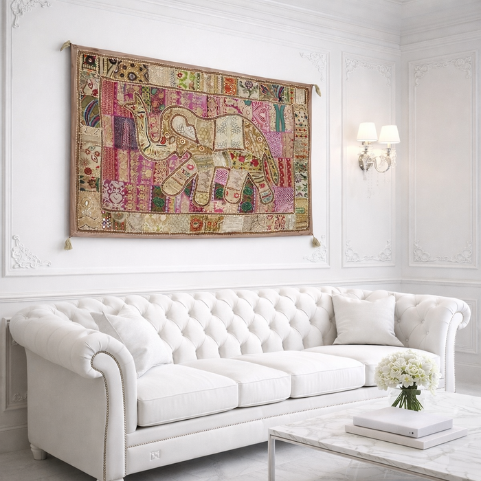 Handmade Boho Elephant Tapestry – Recycled Cotton Wall Hanging