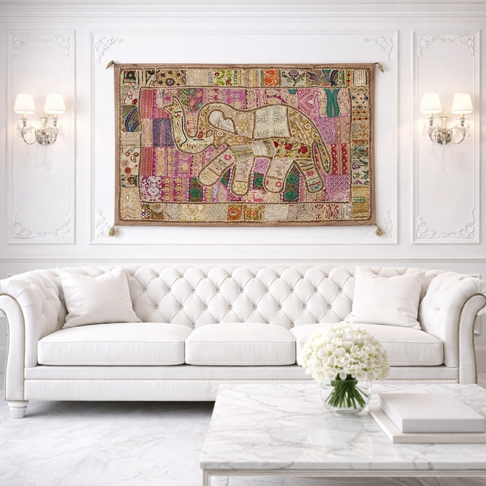 Handmade Boho Elephant Tapestry – Recycled Cotton Wall Hanging