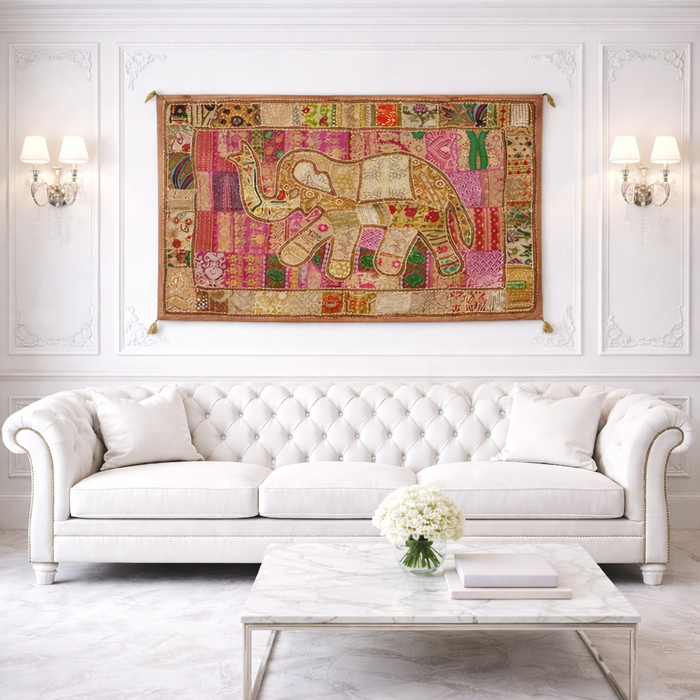 Handmade Boho Elephant Tapestry – Recycled Cotton Wall Hanging