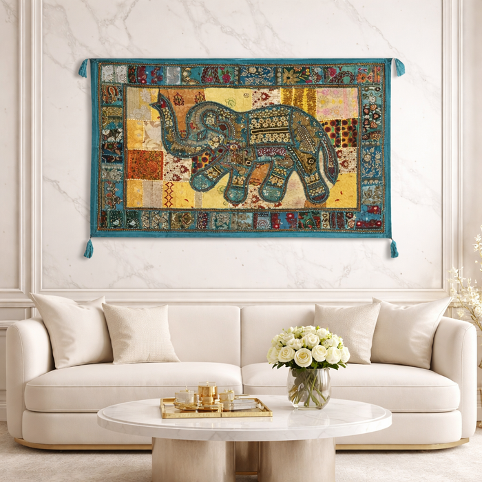 Handmade Patchwork Elephant Wall Hanging – Boho Indian Décor (40 × 60 Inches)