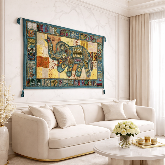 Handmade Patchwork Elephant Wall Hanging – Boho Indian Décor (40 × 60 Inches)