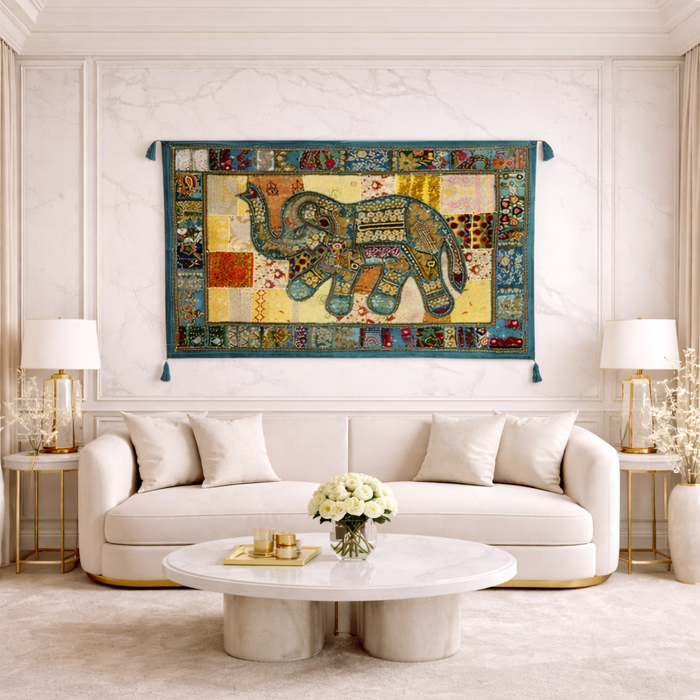 Handmade Patchwork Elephant Wall Hanging – Boho Indian Décor (40 × 60 Inches)