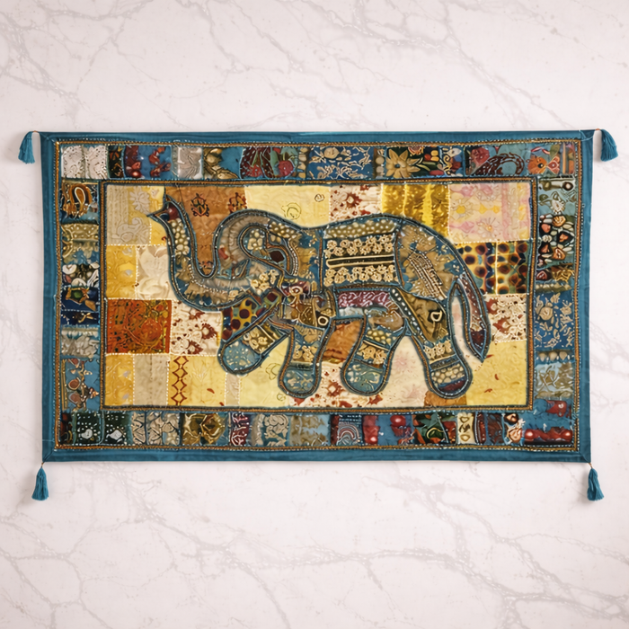 Handmade Patchwork Elephant Wall Hanging – Boho Indian Décor (40 × 60 Inches)