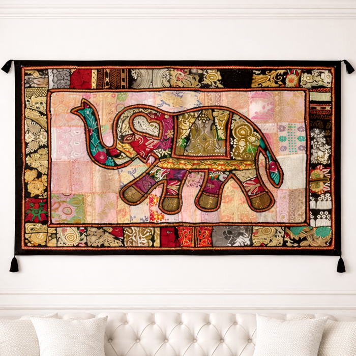 Handmade Patchwork Elephant Wall Hanging Indian Textile Tapestry Boho Multicolor Wall Decor by DiwamHandicrafts