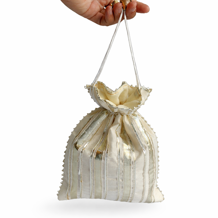 Handcrafted Satin Potli Bag with Golden Gota Patti Work | Ethnic Drawstring Pouch for Women