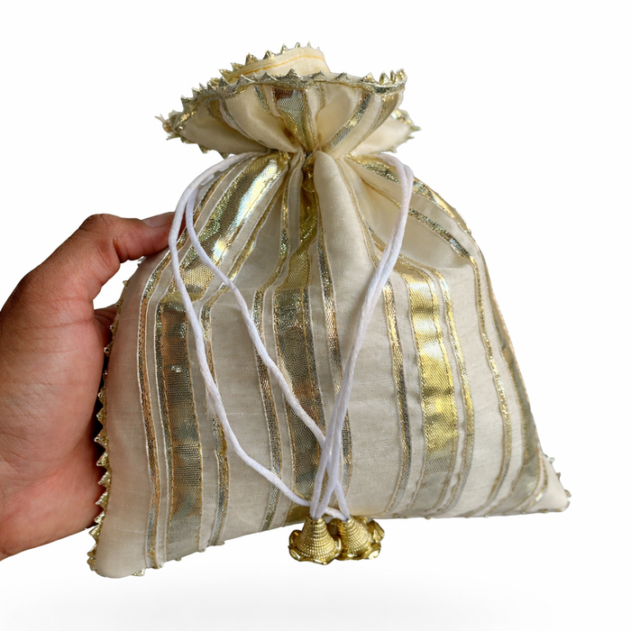 Handcrafted Satin Potli Bag with Golden Gota Patti Work | Ethnic Drawstring Pouch for Women