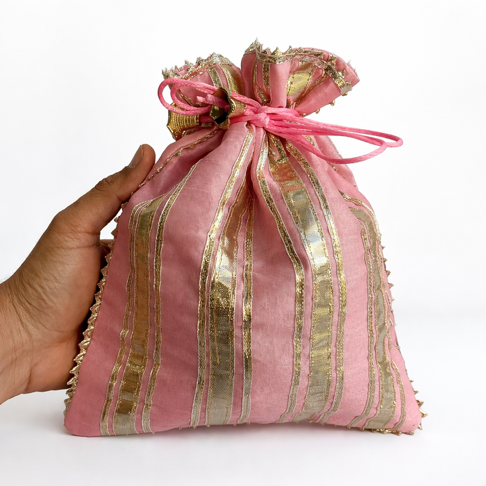 Handcrafted Satin Potli Bag with Golden Gota Patti Work | Ethnic Drawstring Pouch for Women