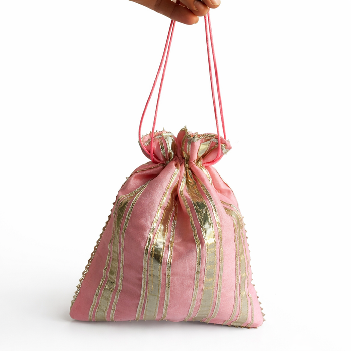 Handcrafted Satin Potli Bag with Golden Gota Patti Work | Ethnic Drawstring Pouch for Women