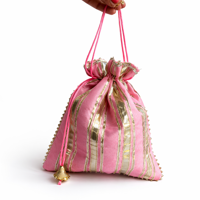 Handcrafted Satin Potli Bag with Golden Gota Patti Work | Ethnic Drawstring Pouch for Women