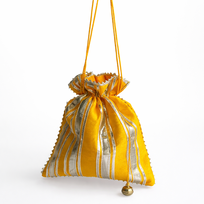 Handcrafted Satin Potli Bag with Golden Gota Patti Work | Ethnic Drawstring Pouch for Women