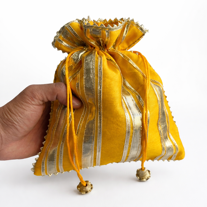 Handcrafted Satin Potli Bag with Golden Gota Patti Work | Ethnic Drawstring Pouch for Women