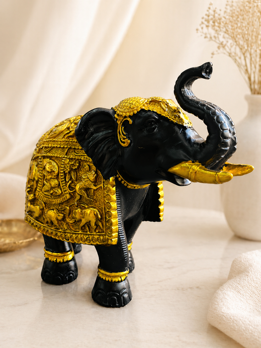 Black & Gold Elephant Resin Figurine for Home Decor | Decorative Tabletop Showpiece
