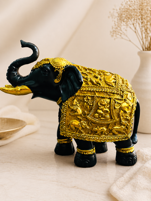 Black & Gold Elephant Resin Figurine for Home Decor | Decorative Tabletop Showpiece