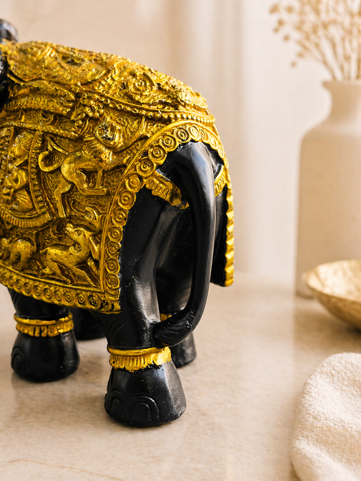Black & Gold Elephant Resin Figurine for Home Decor | Decorative Tabletop Showpiece