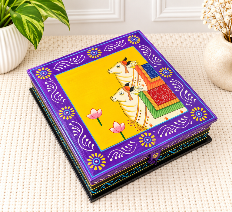 Handcrafted Wooden Decorative Storage Box with Traditional Cow Artwork, Indian Home Décor
