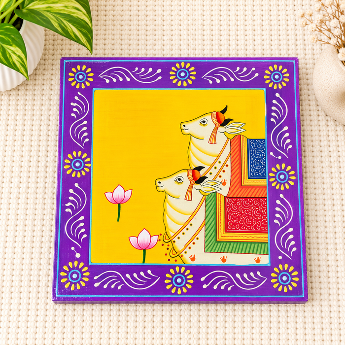 Handcrafted Wooden Decorative Storage Box with Traditional Cow Artwork, Indian Home Décor