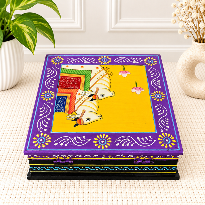 Handcrafted Wooden Decorative Storage Box with Traditional Cow Artwork, Indian Home Décor
