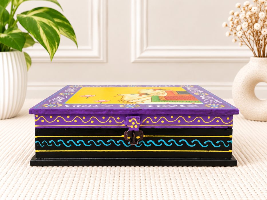 Handcrafted Wooden Decorative Storage Box with Traditional Cow Artwork, Indian Home Décor