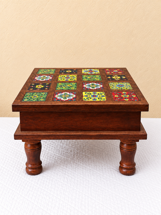 Handcrafted Wooden Side Table with Drawer, Hand Painted Floral Tile Design Indian Traditional Decor