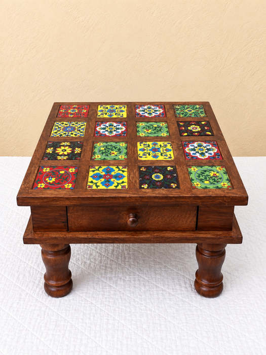 Handcrafted Wooden Side Table with Drawer, Hand Painted Floral Tile Design Indian Traditional Decor