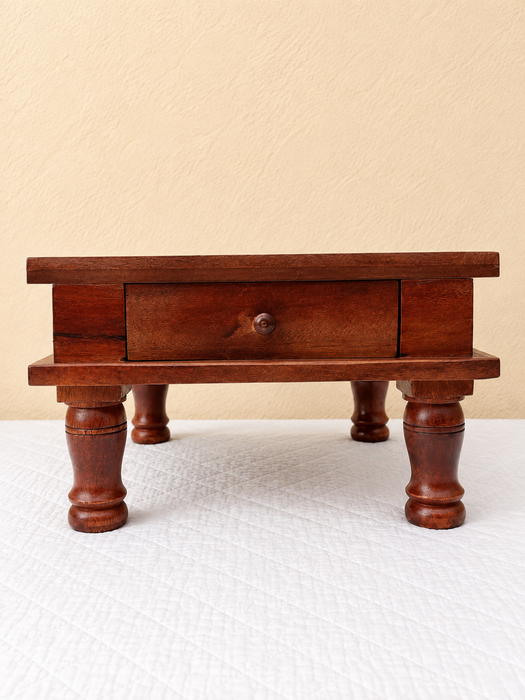 Handcrafted Wooden Side Table with Drawer, Hand Painted Floral Tile Design Indian Traditional Decor