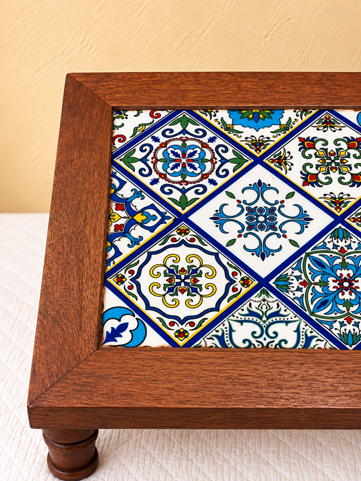 Handcrafted Wooden Chowki Table, Hand Painted Floral Tile Design Indian Traditional Decor