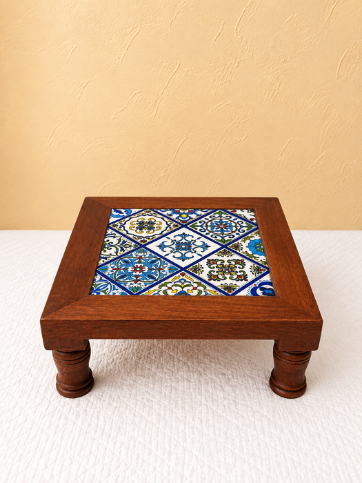 Handcrafted Wooden Chowki Table, Hand Painted Floral Tile Design Indian Traditional Decor