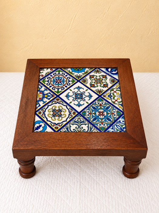 Handcrafted Wooden Chowki Table, Hand Painted Floral Tile Design Indian Traditional Decor
